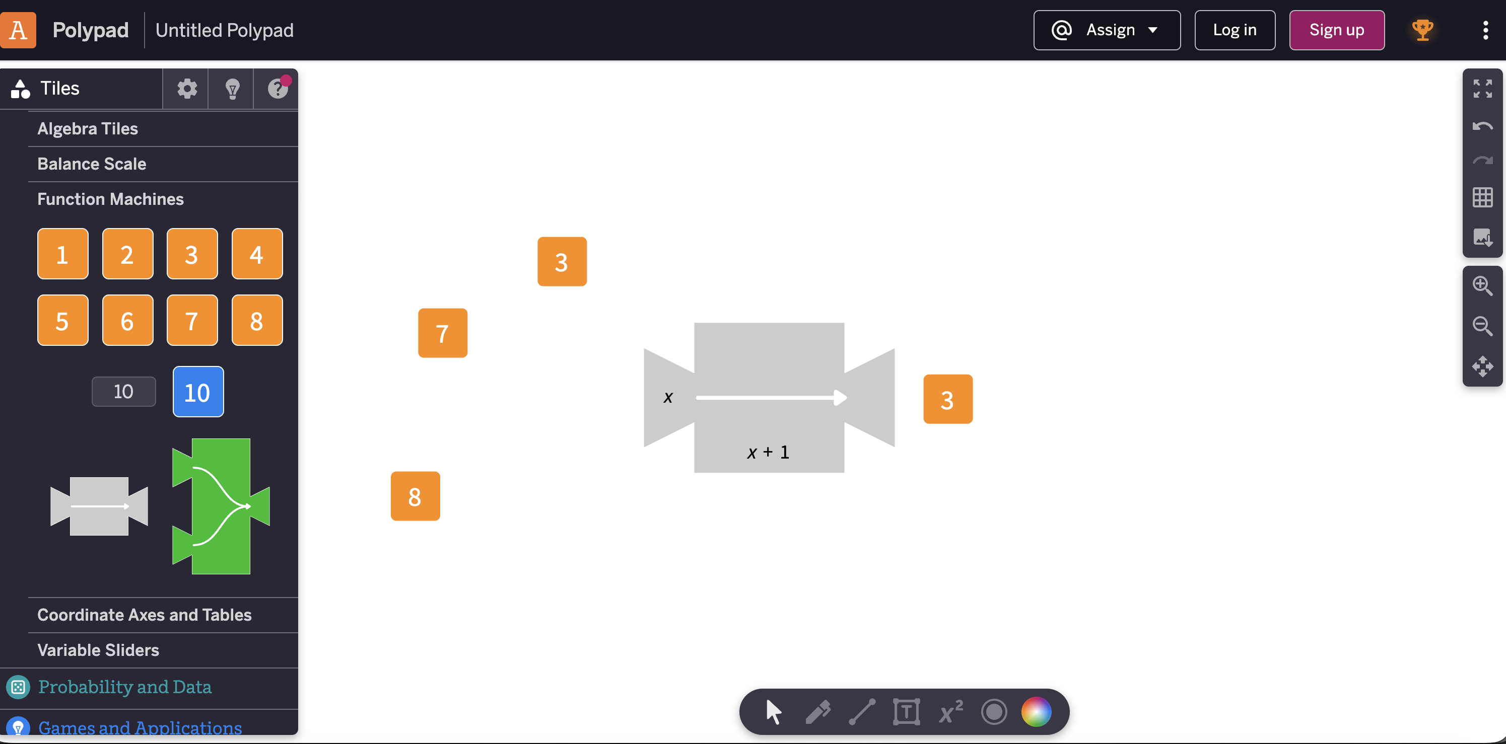 Screenshot of Polypad function machines being used for substitution in algebra.